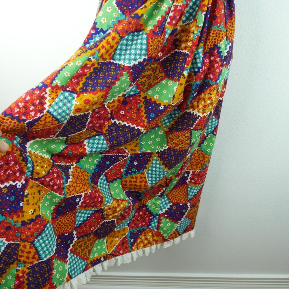Vintage 70s Pinafore Maxi Dress Apron Patchwork XS S Cottagecore Prairie Ruffle - Picture 6 of 8